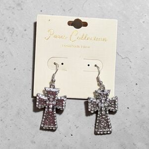 Silver Tone Cross Dangle Earrings, Rhinestone Cross Earrings, Christian Faith